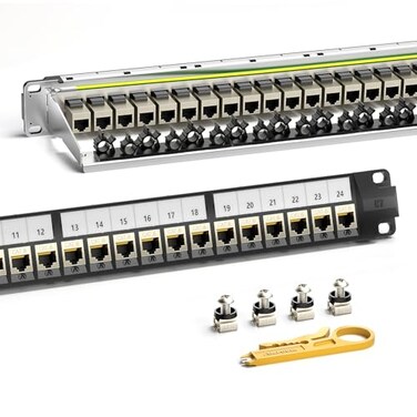 AMPCOM CAT6 Keystone Patch Panel 24Port 1U with 10G Shielded Ethernet Inline Coupler 19 Inch Rackmount Wall Mount with Rear Support Bar