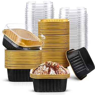 Mimorou 100 Pcs Mini Cake Pans with Lids 5 oz Cupcake Liners Dessert Baking Cups Aluminum Foil Baking Cup Disposable Ramekins Tin with Lids Small Muffin Square Pie ContainerBlack and Gold