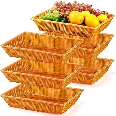 Tioncy 6 Pack Poly Wicker Baskets 16 Inch Imitation Rattan Woven Bread Baskets Rectangle Stackable Basket for Kitchen Restaurant Tabletop Display Outdoor Picnic Food Fruit Vegetables Bread Serving