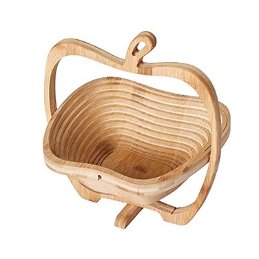 Qmkmyy Foldable Bamboo Dried Fruit Basket Apple Shaped Collapsible Bread Nuts Baskets Candy Gifts Fruit Bowl Holder Wooden Snack Box for Kitchen Table