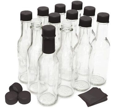 nicebottles Hot Sauce Bottles with Shrink Bands 5 Oz Black Cap 12 Pack