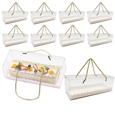 Roppolo 20 Pcs 108 Inch Clear Roll Cake Boxes with Gold Rope Handle Cake Boards Homemade Bakery Transparent Plastic Gift BoxesEasy Carrying Storage Containers for Slice Cake Christmas