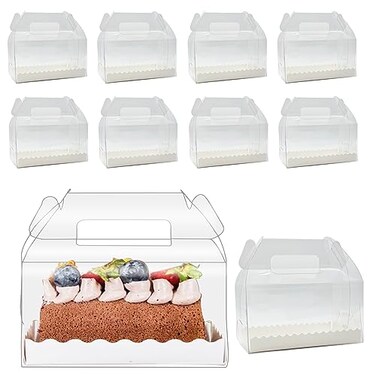 Roppolo 30 Pcs 63 Inch Clear Roll Cake Gable Boxes with Handle Cake Boards Transparent Plastic Gift BoxesEasy Carrying Pastry Containers for Bakery Christmas Wedding