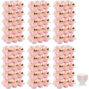 ChezMax Cupcake Containers Holder 6 Counts x 30 Sets Stackable Cupcake Boxes Carrier with 200 Pack Liners Plastic Disposable Clear Cupcake Storage Tray with Detachable Dome Lid for Mini Individual Cak