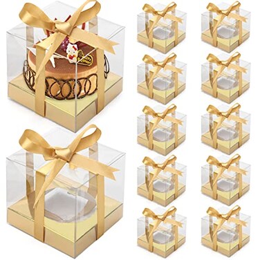 Anglecai 12 Pack Clear Plastic Cupcake Boxes 35 Inch Gold Single Cupcake Containers Disposable Individual Cup Cake Carrier Holder Boxes with Inserts and Ribbon Gold