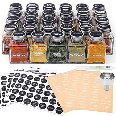 MIUKAA Unique Design Spice Jars with 372 Labels 29Pack 45 oz Personalized Cubic Clear Glass Spice Jars with Shakers Lids Empty Square Reusable Kitchen Storage Containers