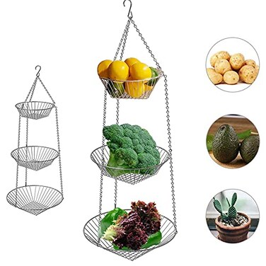 iPstyle 3 Tier Fruit Tray Vegetable Kitchen Storage Basket Chain Hanging Space Saving Rustic Country Style Chicken Wire Fruits Produce Plants Storage Basket Silver