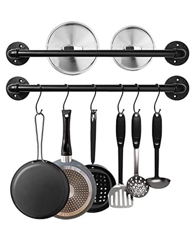 Bailoo Industrial Pipe Pot Pan Rack 21 2 Pack Wall mount Pot hangers Pan Hanging Rail Lid Hanger for kitchen with 10 S Hooks