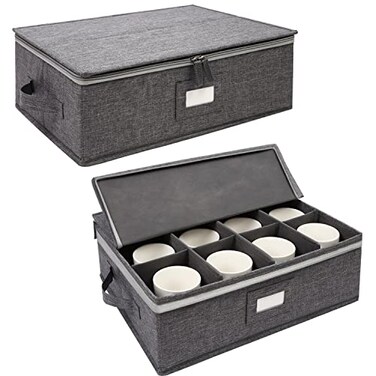 popoly Cup and Mug Storage 2 Pack Coffee Mug Storage Holds 24 Mugs Tea Cups and Glasses with with Hard Shell and Dividers Hard Top Sides and Stackable Grey