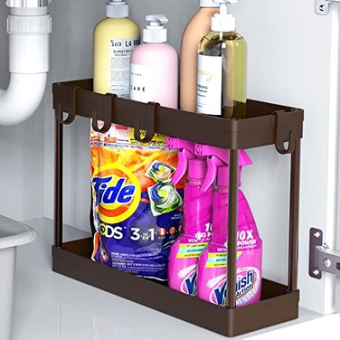 Simple Houseware 2Tier Under Sink Organizer Storage Tray with Hooks Brown