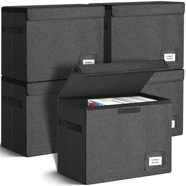 Leffis Comic Book Storage Collapsible and Stackable Comic Short Box Moistureproof Comic Box with Lid and Label Slot 155 X 75 X 113 Holds 150 Comics 5