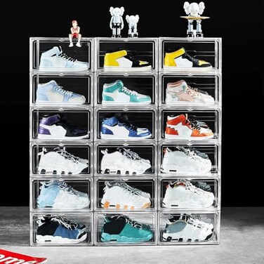 BSFHH 12 Pack Shoe Boxes Clear Acrylic Stackable Plastic Sneaker Box Container Magnetic Drop Side Open Shoe Organizer Case Container With Lids Fits Up to Size 14 Crystal Clear