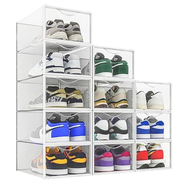Seseno 12 Pack Shoe Storage Bins Clear Plastic Stackable Shoe Organizer for Closet Space Saving Foldable Shoe Rack Shoe Box Sneaker Holder Container
