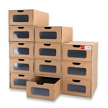 WALL QMER Shoe Boxes Cardboard 12 Pack Big Size Waterproof Heavy Duty Stackable Shoe Storage Boxes with Marking Labels Transparent Window 138 L x 93 W x 53 H