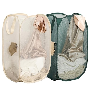 Aplter 2Pack Collapsible Laundry Basket with Side Pocket Mesh Pop Up Hamper Portable Carrying Handle Cruise Room Storage Basket BeigeGreen