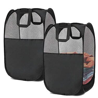BENJUNC 2 popup Laundry Hamper Foldable mesh Laundry Baskets Each with 2 Reinforced Handles Black
