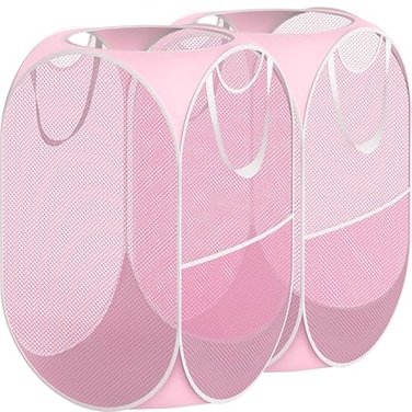 Simple Houseware Mesh PopUp Laundry Hamper Basket With Side Pocket Pink 2 Pack