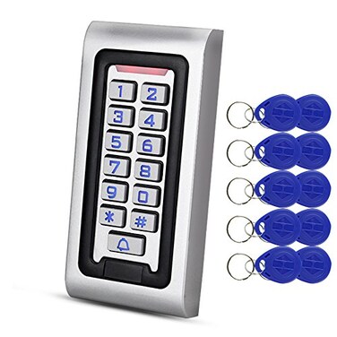 HFeng Standalone IP68 Waterproof RFID Access Control Keypad Metal Card Reader 10pcs 125KHz Proximity Keychains WG26 2000 Users for HomeOffice