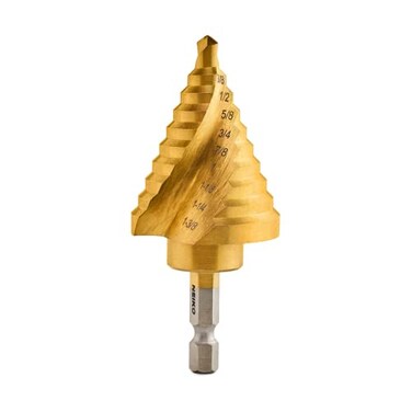 NEIKO 10174A Step Drill Bit 10 Steps 14 to 138 Straight High Speed Steel Titanium Nitride Coated 14 Quick Change Step Bits for Steel Metal Wood Plastic Unibit Cone Drill Bits Two Flute