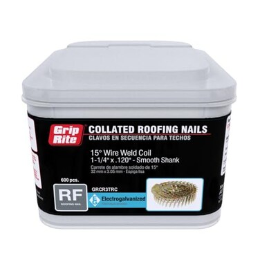 Grip-Rite GripRite 114Inch 15 ElectroGALVANIZED Coil Roofing Nails Smooth Shank 600 nails per tub
