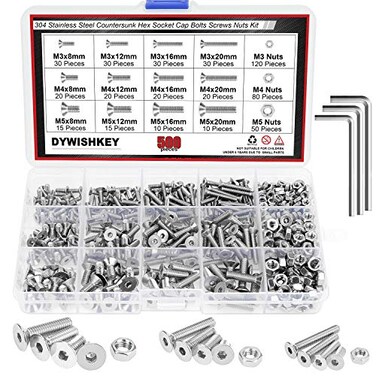 DYWISHKEY 500PCS Metric M3 M4 M5 304 Stainless Steel Flat Head Countersunk Socket Cap Bolts Screws Nuts Assortment Kit with Hex Wrenches