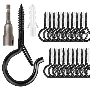 FSAH 48 PCS QHanger Hooks Screw Hooks for Outdoor String Lights Safety Buckle Design Cup Eye Hook for Hanging Christmas Lights Plants Wind Chimes Mounted on Wall Ceiling Include 1 Wing Nut Driver
