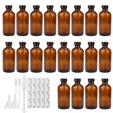 Maredash 8oz Amber Glass Bottles 20 Pack Glass Storage Bottles with Black Lids Brown 20 Labels with Funnels Droppers and Brush