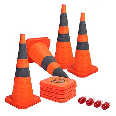 Sunnyglade 4Pack 28 inch Collapsible Traffic Cones with LED Light Multi Purpose Pop up Reflective Safety Cone Orange x4