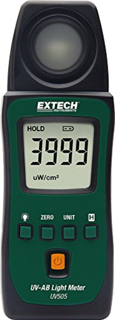 Extech UV505 Pocket UVAB Light Meter Compact Portable UVAUVB Meter Measures UV Intensity Peak Hold MinMax Backlit LCD Field Laboratory Sunlight Monitoring