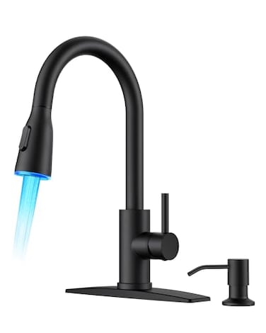 FORIOUS LED Kitchen Faucet with Soap Dispenser and Pull Down Sprayer Matte Black High Arc Single Handle 3 Modes Stainless Steel Bar Faucet for Kitchen Sink RV Laundry Camper