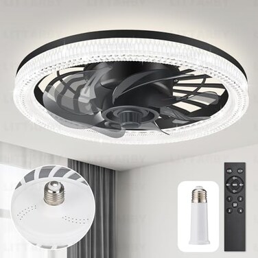LITTARBY Ceiling Fans with Lights Socket Fan Light with Remote Control Dimmable Brightness 3000K6500K Memory Socket Modern Flush Mount Low Profile Ceiling Fan for Bedroom Small Living Room Kitchen Bla