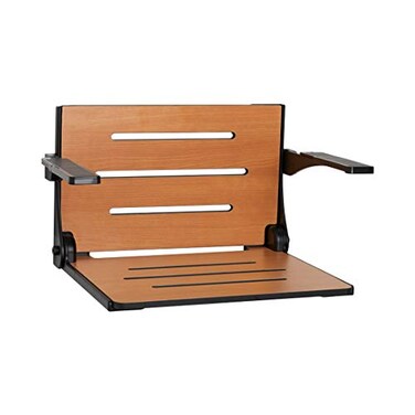 Seachrome Silhouette Comfort Folding Wall Mount Shower Bench Seat with Arms Teak Seat with Matte Black Frame