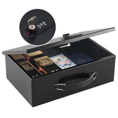 KYODOLED Fireproof Lock Box for Documents Dual Combination and Key Lock Security with Carrying Handle Metal Strong Safe Box to Keep Personal ItemsDocuments Exterior 128 x 84 x 45 Black