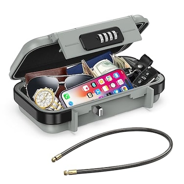 AMIR Portable Safe Box Combination Security Case LockBox with Code Waterproof AntiTheft Mini Travel Safe Box with Removable Chain Security Box for HomeOffice Grey