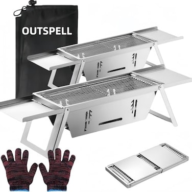 Outspell Small Protable Charcoal Grill Outdoor BBQ MINI Foldable Carbon Griller for camping 2 pack
