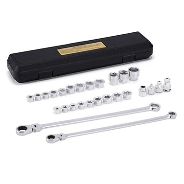 EMENTOL 27PCS Extra Long Flex Head Ratcheting Wrench Set CRV Double Box End Ratchet Wrench Set with 8mm 22mm E8 E22 14 38 12 Socket Adapters Replacement Heads