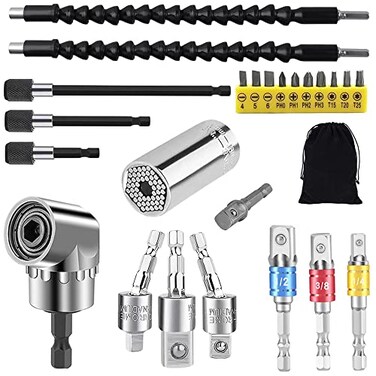 FOUUA Flexible Drill Bit Extension and Universal Socket Wrench Tool Set Hex Shank 105 Right Angle Drill Attachmen 3pcs 14 38 12 Universal Socket Adapter Set and Screwdriver Bit Kit