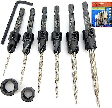 FTG USA Adjustable Wood Countersink Drill Bit Set 6 Pc Countersink Drill Bit 468101214 with Tapered Drill Bit