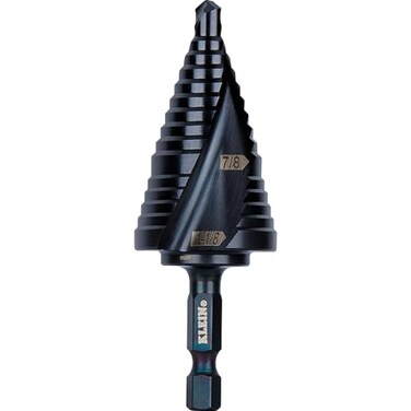 Klein Tools QRST11 Step Drill Bit Quick Release Spiral DoubleFluted 78 to 118Inch Hex Shank Cut Steel Wood Plastic Aluminum