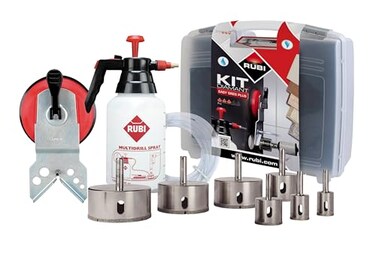 Rubi KIT Easy GRES Plus Complete Diamond Drill Bit Set with MULTIDRILL Guide Water Tank and 7 Precision Bits for Ceramic Tiles Marble Granite and Glass Professional Grade Tool Kit