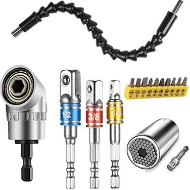 FOUUA Flexible Drill Bit Extension and Universal Socket Wrench Tool Set 105 Right Angle Drill Attachment 14 38 12 Universal Socket Adapter Set Screwdriver Bit Kit