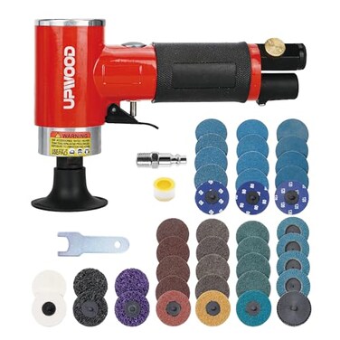 UPWOOD Pneumatic Mini Orbital Sander Grinder Polisher Kit 2 inch Air Right Angle Surface Prep Tool with 41pcs Roll Lock Discs