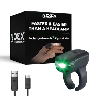 DEX FINGERLIGHT High Tech Wearable LED Flashlight by DEX FingerLight Rechargeable Fingerlight 3 Light Modes IPX7 Weather Resistant USBC Charging Custom Fit Ring Long Lasting Battery Black