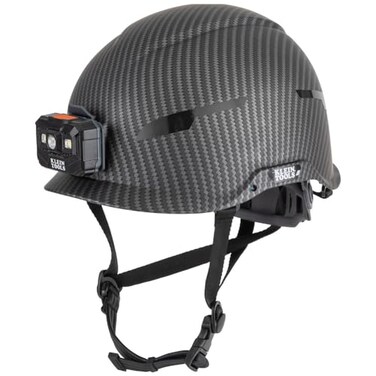 KLEIN TOOLS Safety Helmet NonVented Class E with Rechargeable Lamp and Chin Strap Premium KARBN Pattern Tested up to 20kV