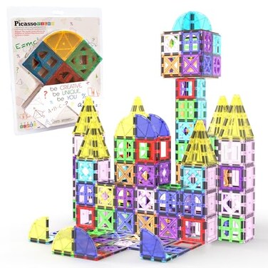 PicassoTiles Magnetic Building Block Quarter Round and Window Set Magnet Construction Toy Educational Kit Engineering STEM Learning Playset Child Brain Development Stacking Blocks Playboards
