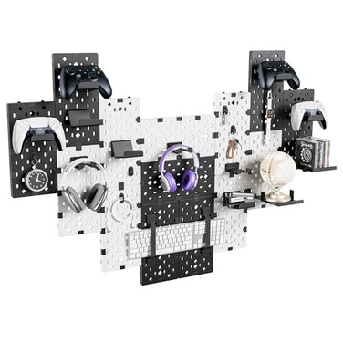 PEGZONE Controller and Headphone Holder Wall Mount Modular Gaming Pegboard with Accessories Controller Stand for Xbox PS5 PS4 Switch Video Game Storage Disc Shelf 14pcs Pegboard Black White
