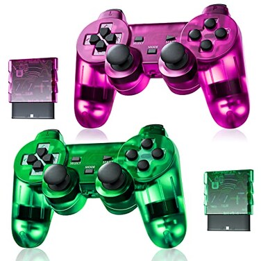 Burcica Wireless Controller for PS2 Play 2 Double Vibration 2 ClearGreen and ClearPurple