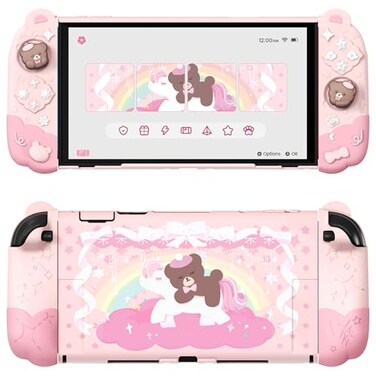 PlayVital Good Night Bear Dockable Case for Nintendo Switch 2 with Stand Split Design Silicone Joycon Grips PC Console Hard Shell 2 Joystick Caps Cute Protective Cover Bundle Pink