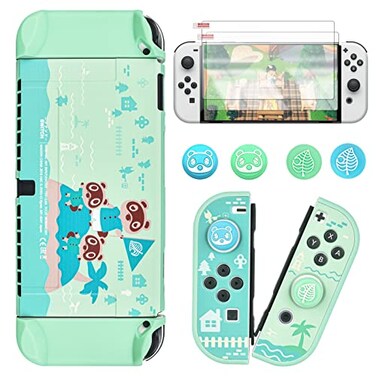 DLseego Animal Crossing Switch OLED Case Protective Cover Dockable Hard Shell Joy Con Skin Accessory With 4PCS Thumb Grips Caps and 2PC Screen Protectors