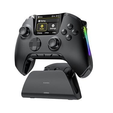 ManbaOne Interactive Screen Wireless Gaming Controller for PCSwitchSwitch 2iOSAndroidHall Effect Stick TriggerRGB LightingRemappable Buttons1800mAh with Charging Dock Black